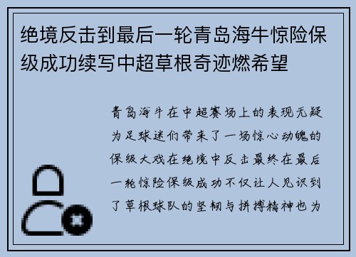 绝境反击到最后一轮青岛海牛惊险保级成功续写中超草根奇迹燃希望
